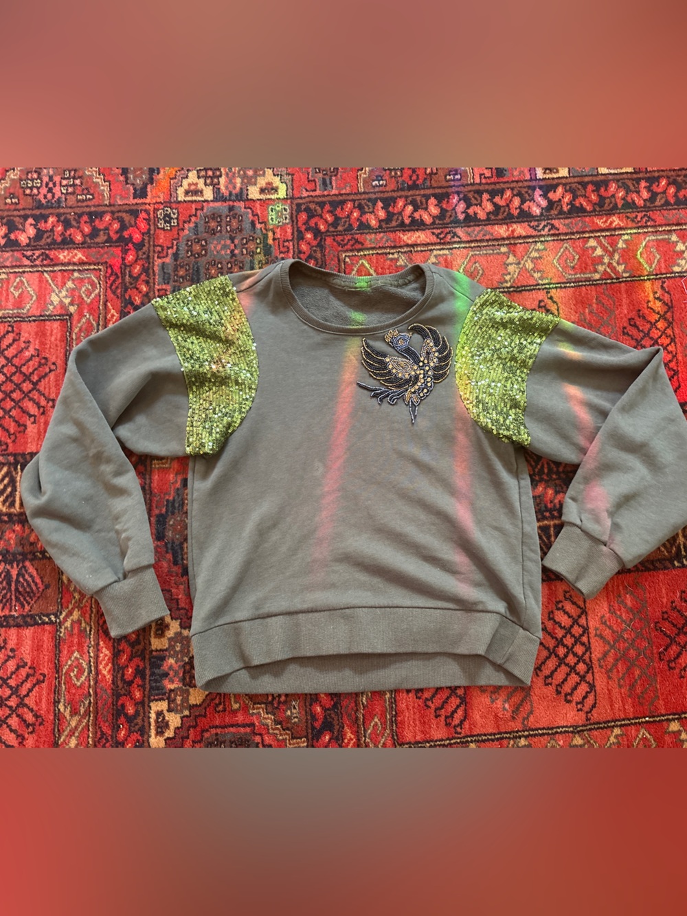Embellished Olive Green Sequin Sleeve Sweatshirt with Bird Motif